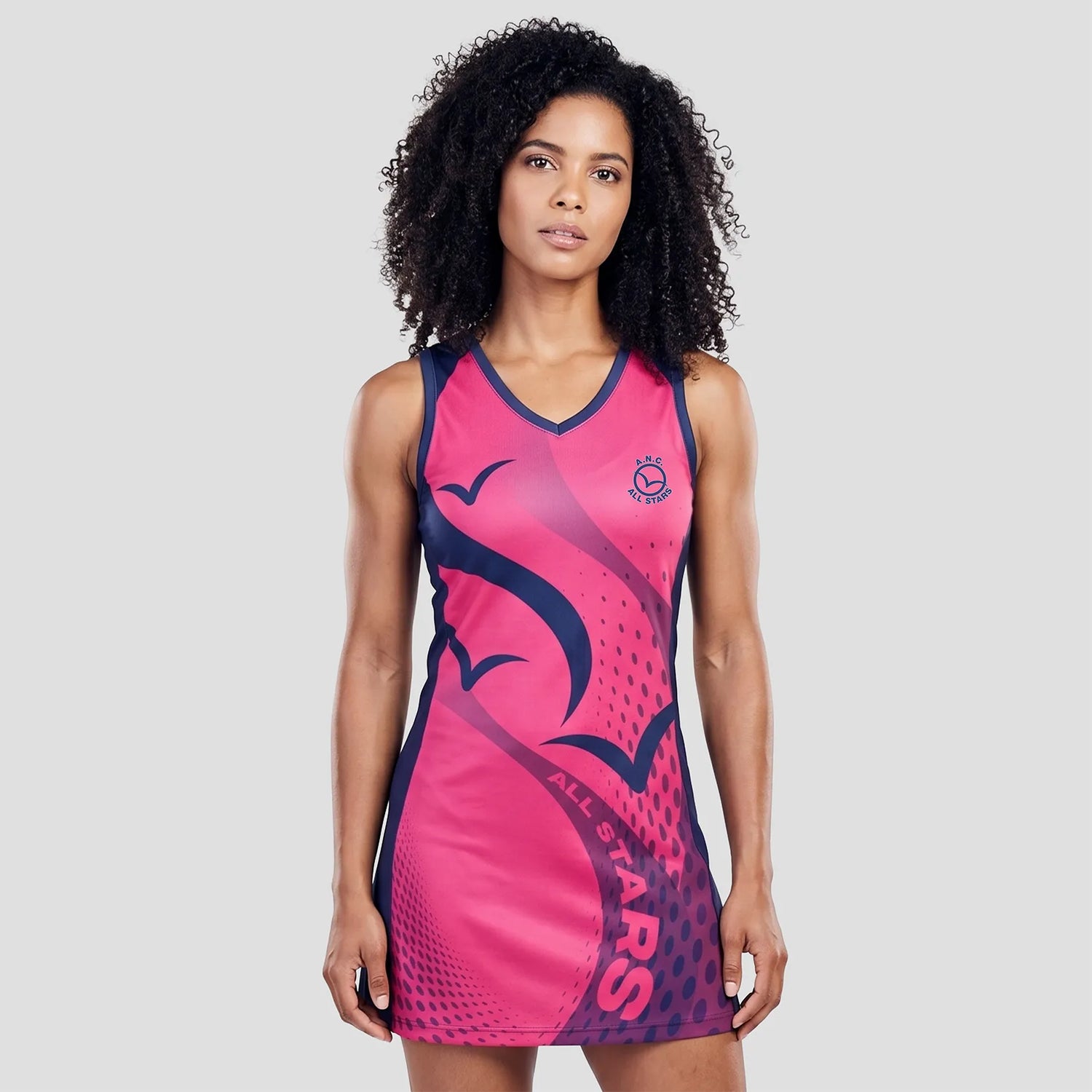 Model wearing the ANC All Stars Netball Club Dress (Adult)