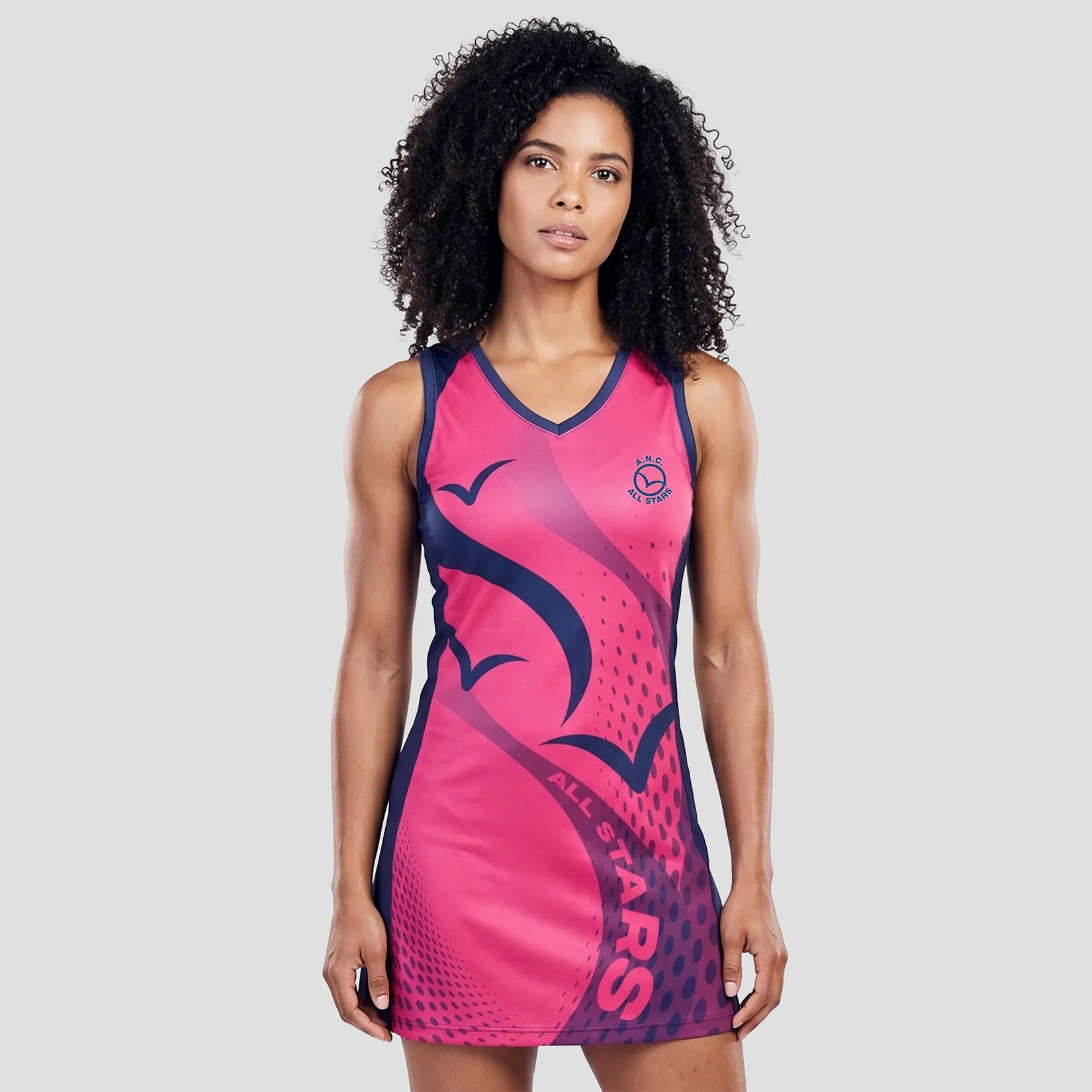 Model wearing the ANC All Stars Netball Club Dress (Adult)