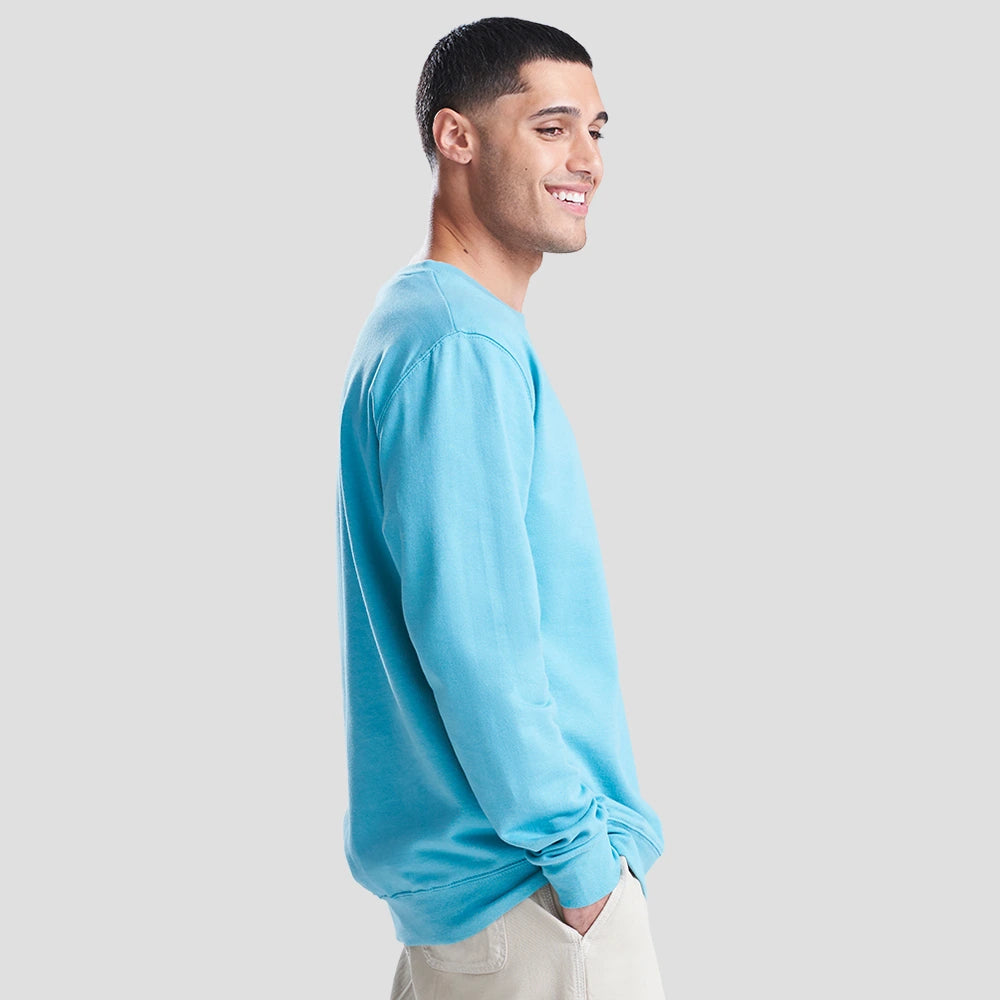Side view of Model wearing the JH030 AWDis Sweatshirt in Blue
