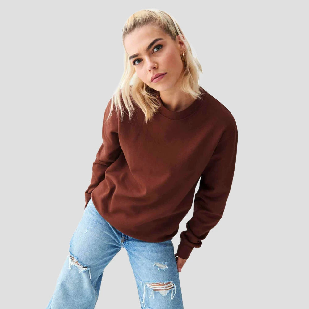 Model wearing the AWDis JH030 Sweatshirt in Chocolate Fudge Brownie Brown