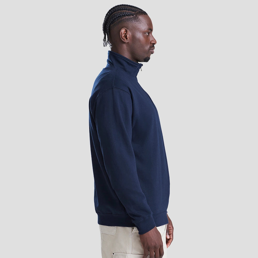 Side view of Model wearing the JH046 AWDis Sophomore Zip Neck Sweatshirt in New French Navy