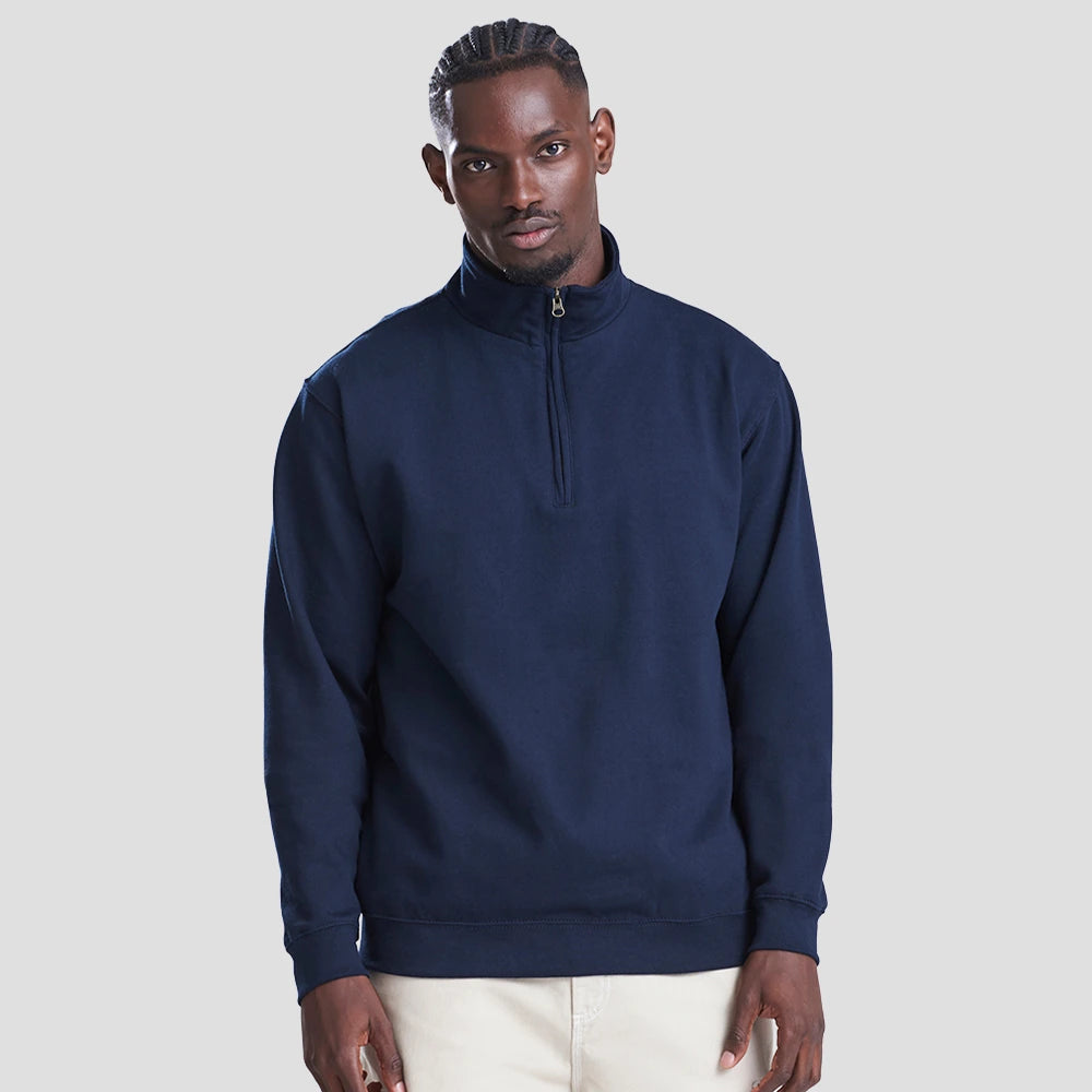 Model wearing the JH046 AWDis Sophomore Zip Neck Sweatshirt in New French Navy