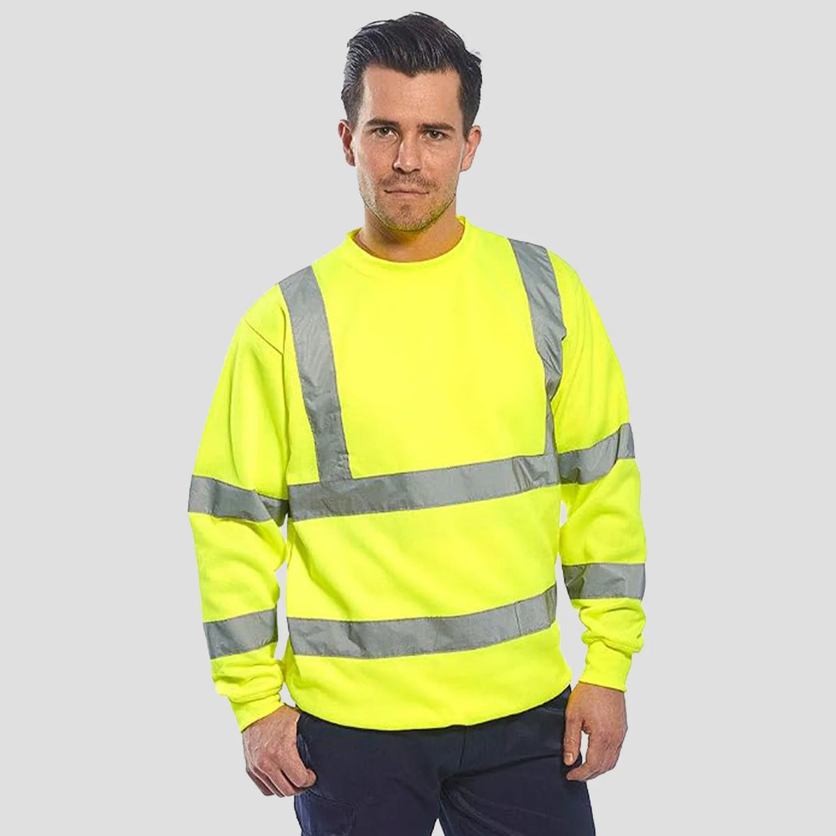 Model wearing the B303 Hi-Vis Sweatshirt by Portwest in Yellow.