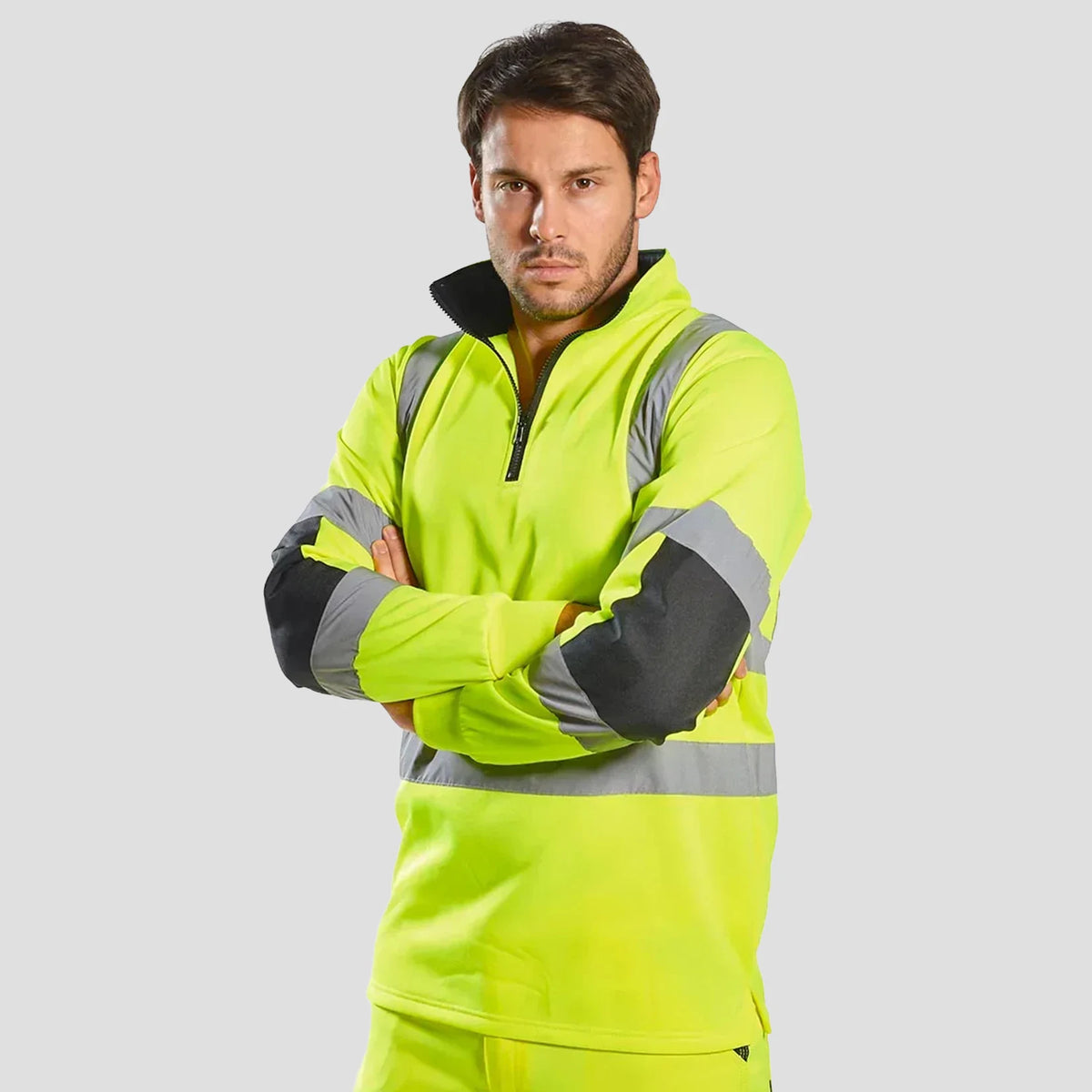 Model wearing the Xenon Hi-Vis Rugby Shirt B308 in Yellow.