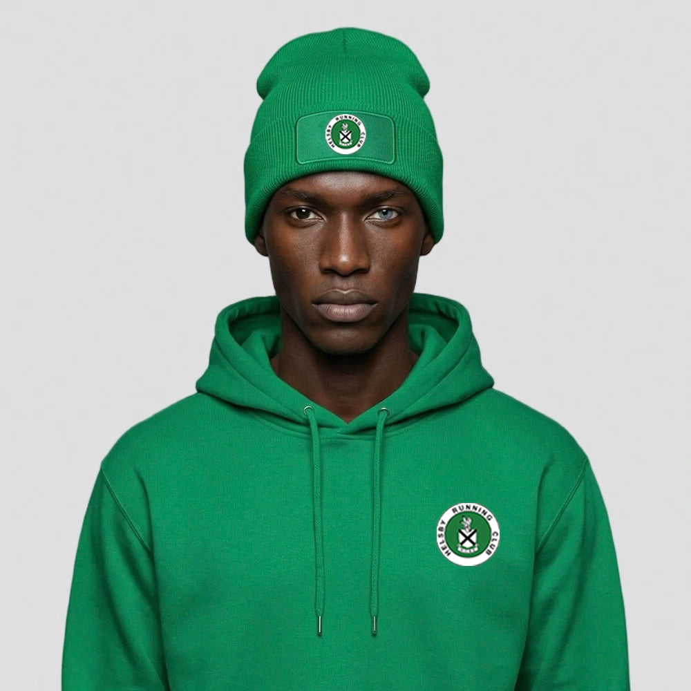 model wearing Helsby Running Club Patch Beanie