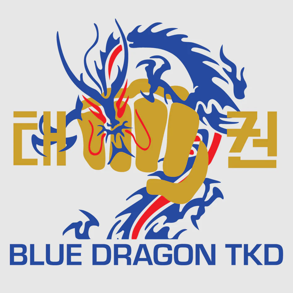 Blue Dragon Taekwon-Do School logo – dynamic blue, gold and red design featuring a dragon and fist, representing the official Blue Dragon TKD branding supplied by Buccaneer Group for the Northwich, Cuddington Taekwon-Do club shop.