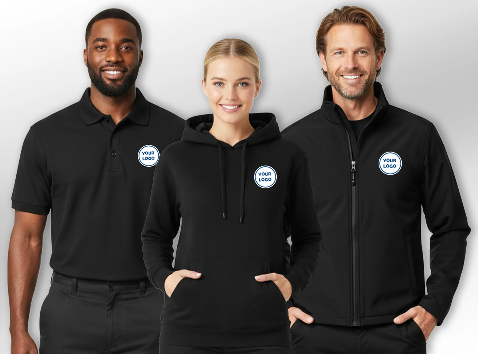 Three people wearing black workwear including polo shirt, hoodie, and softshell jacket with a placeholders for 'Your Logo'