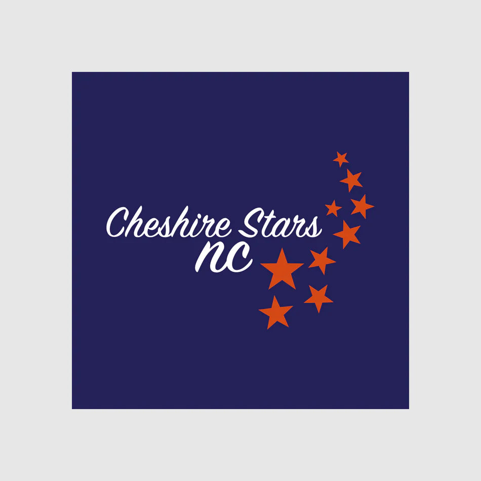 Cheshire Stars Netball Club logo – blue square design with orange stars, representing the official Cheshire Stars NC branding for the Junior and Senior netball club based in Middlewich, supplied by Buccaneer Group for their official teamwear and club shop.