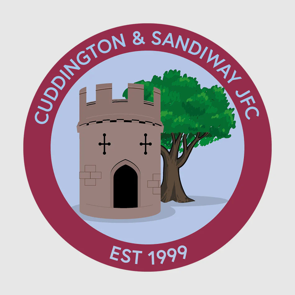 Cuddington & Sandiway JFC crest featuring a castle and tree design, representing the official branding of the Cuddington & Sandiway Junior Football Club, a community-focused club with strong youth and women’s football teams, with kits and teamwear supplied by Buccaneer Group through their official club shop.
