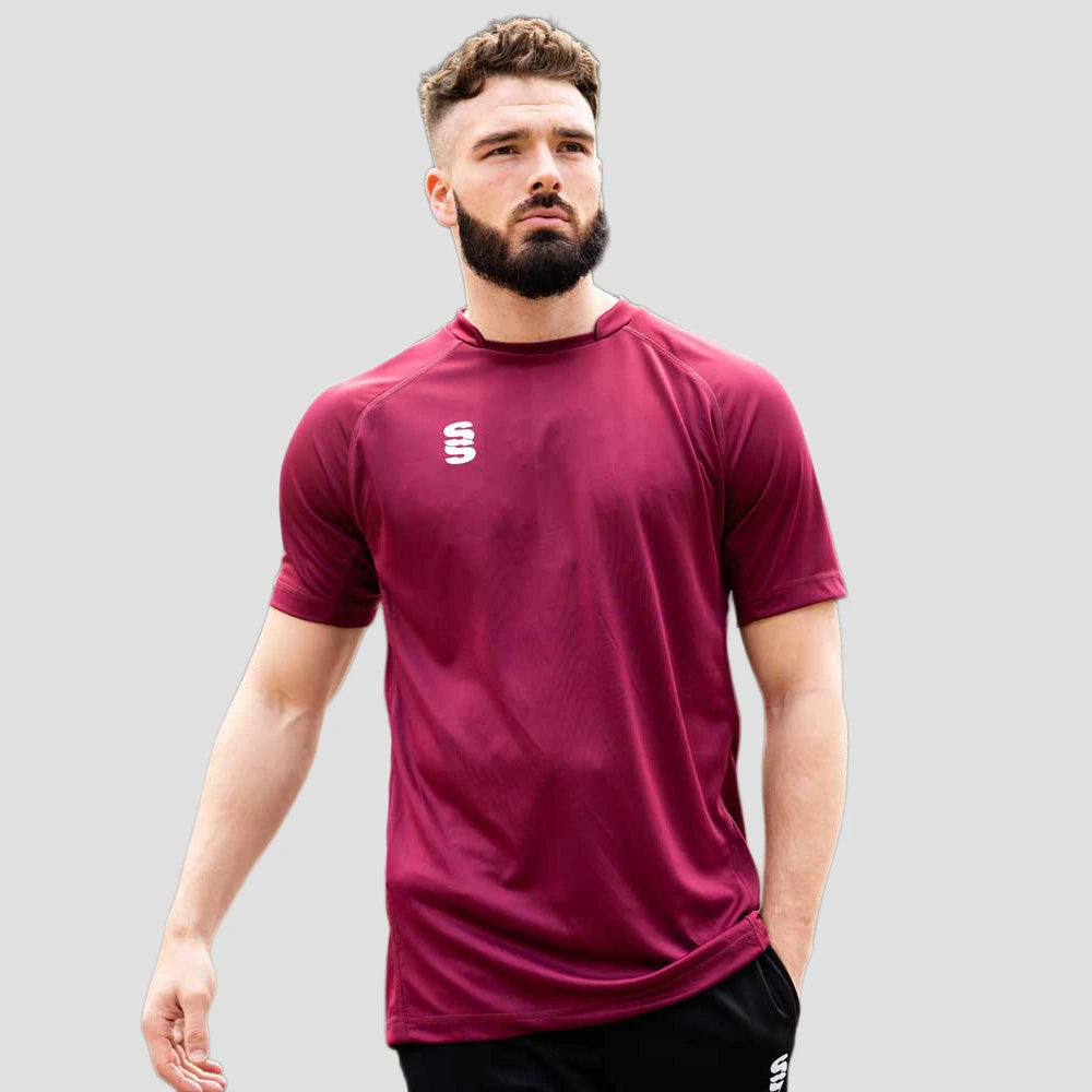 Model wearing Stuart Surridge Dual Games Shirt - Maroon