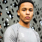 model wearing Stuart Surridge Dual Gym T-Shirt - Grey Melange