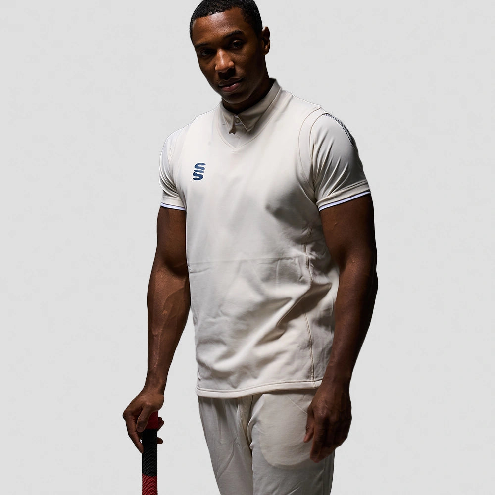 model wearing Stuart Surridge Blast Sleeveless Cricket Sweater