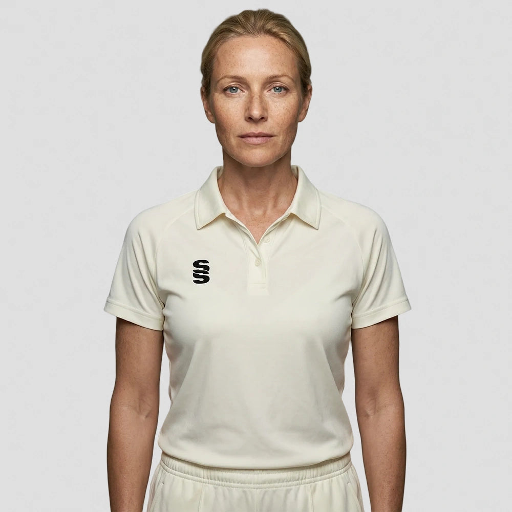 model wearing Stuart Surridge Dual Short Sleeve Cricket Shirt - Ladies