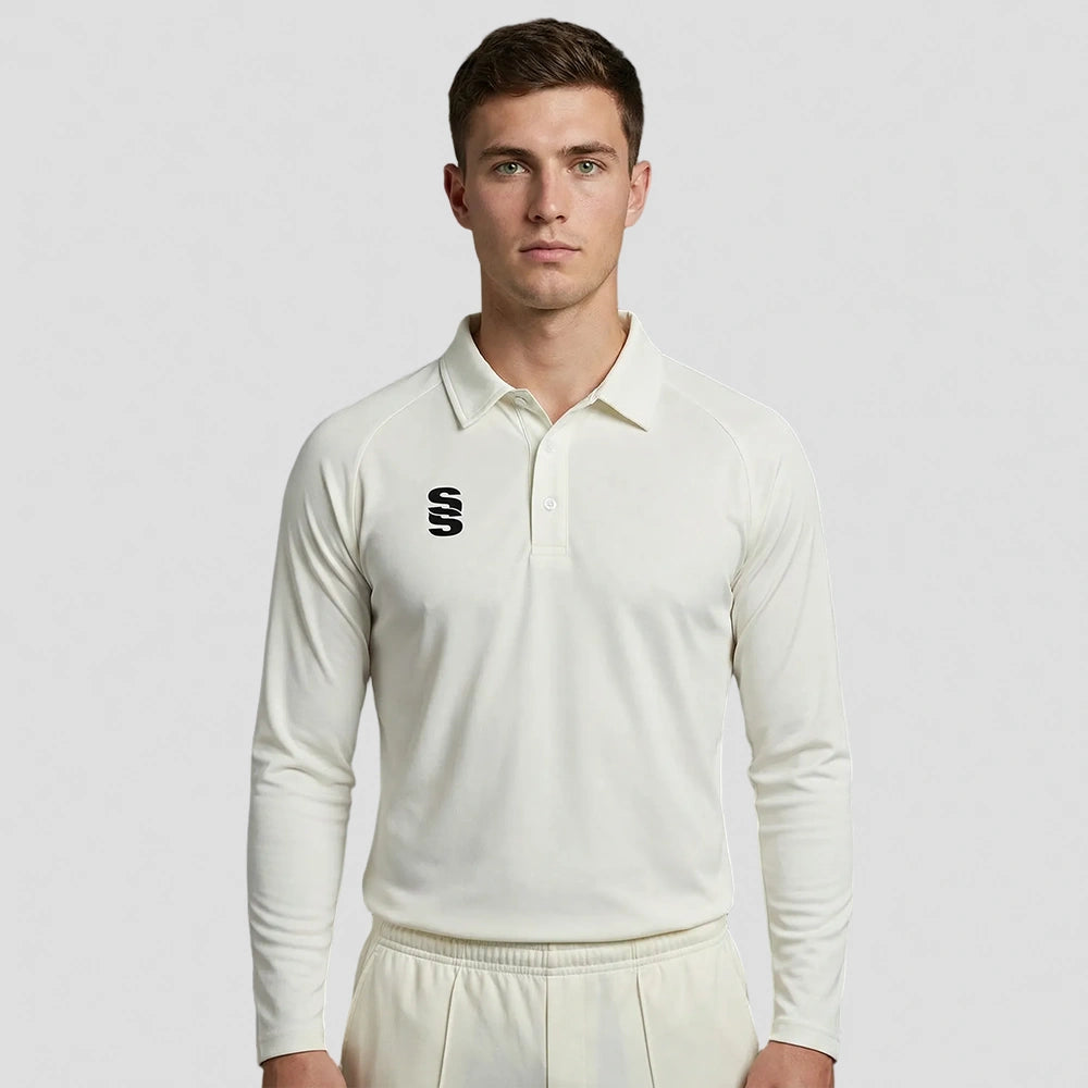 model wearing Stuart Surridge Dual Long Sleeve Cricket Shirt