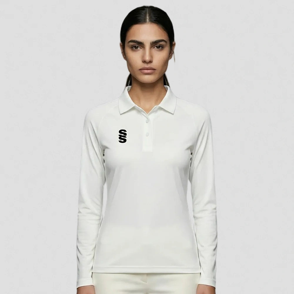 model wearing Stuart Surridge Dual Long Sleeve Cricket Shirt - Ladies