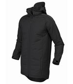 Black winter coat with a hood on a white background