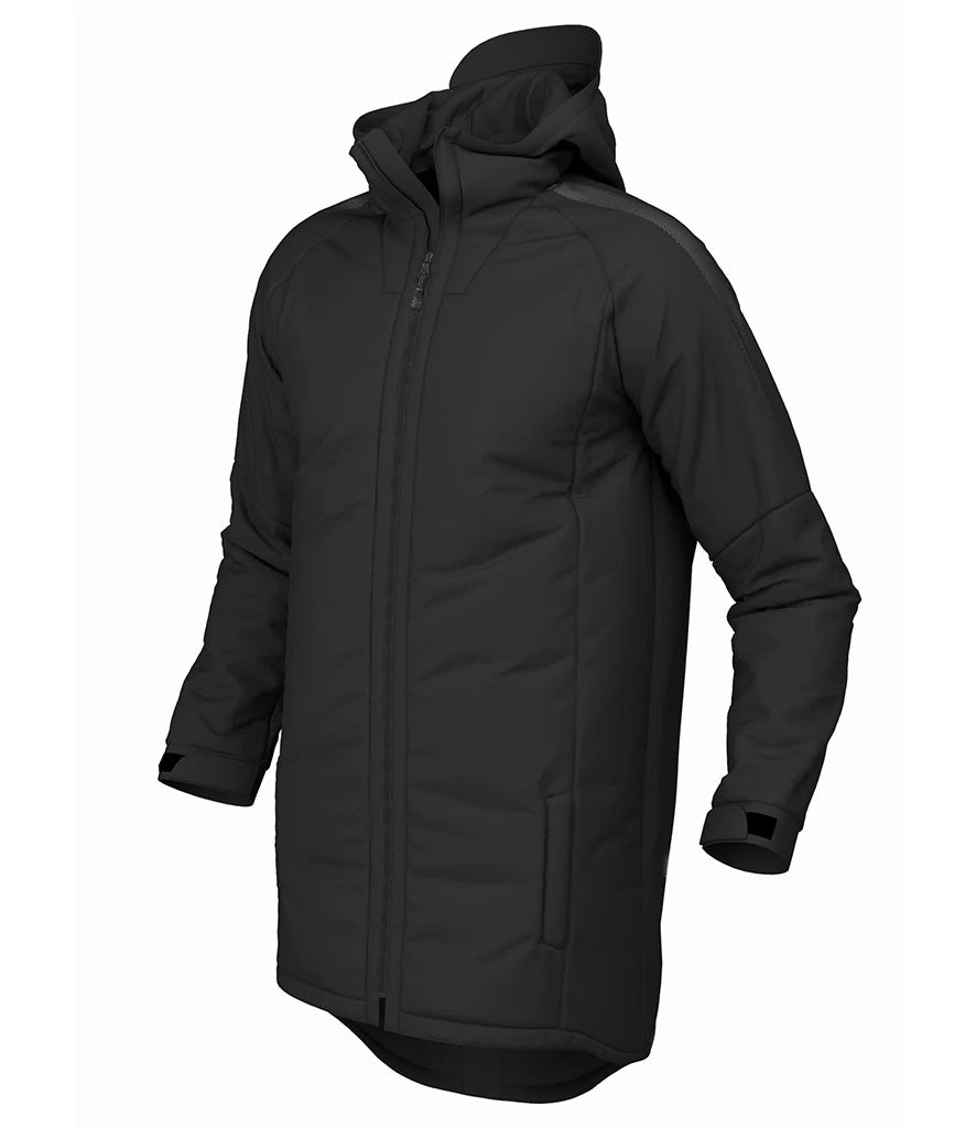 Black winter coat with a hood on a white background