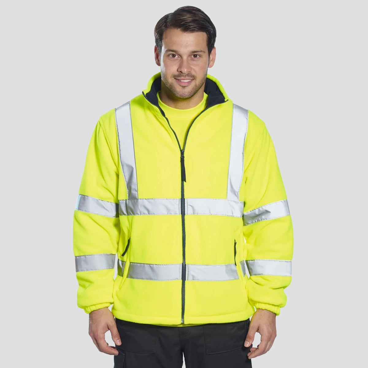 Model wearing the Portwest Hi-Vis Fleece F300 in Yellow.