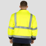 Rear view of model wearing the Hi-Vis Contrast Fleece F301 in Yellow/Navy.