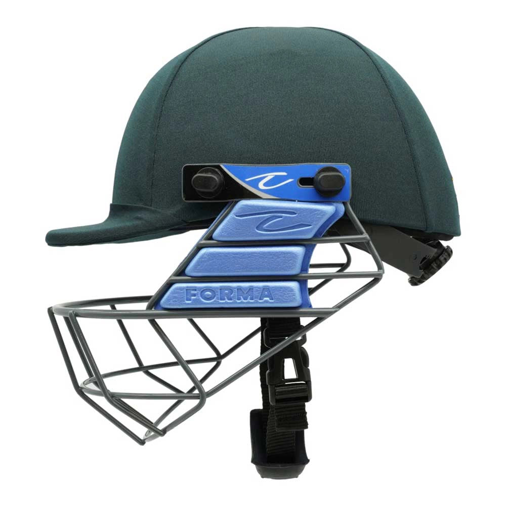 side view of Forma Cricket Helmet - Pro SRS - Steel Grill in bottle green