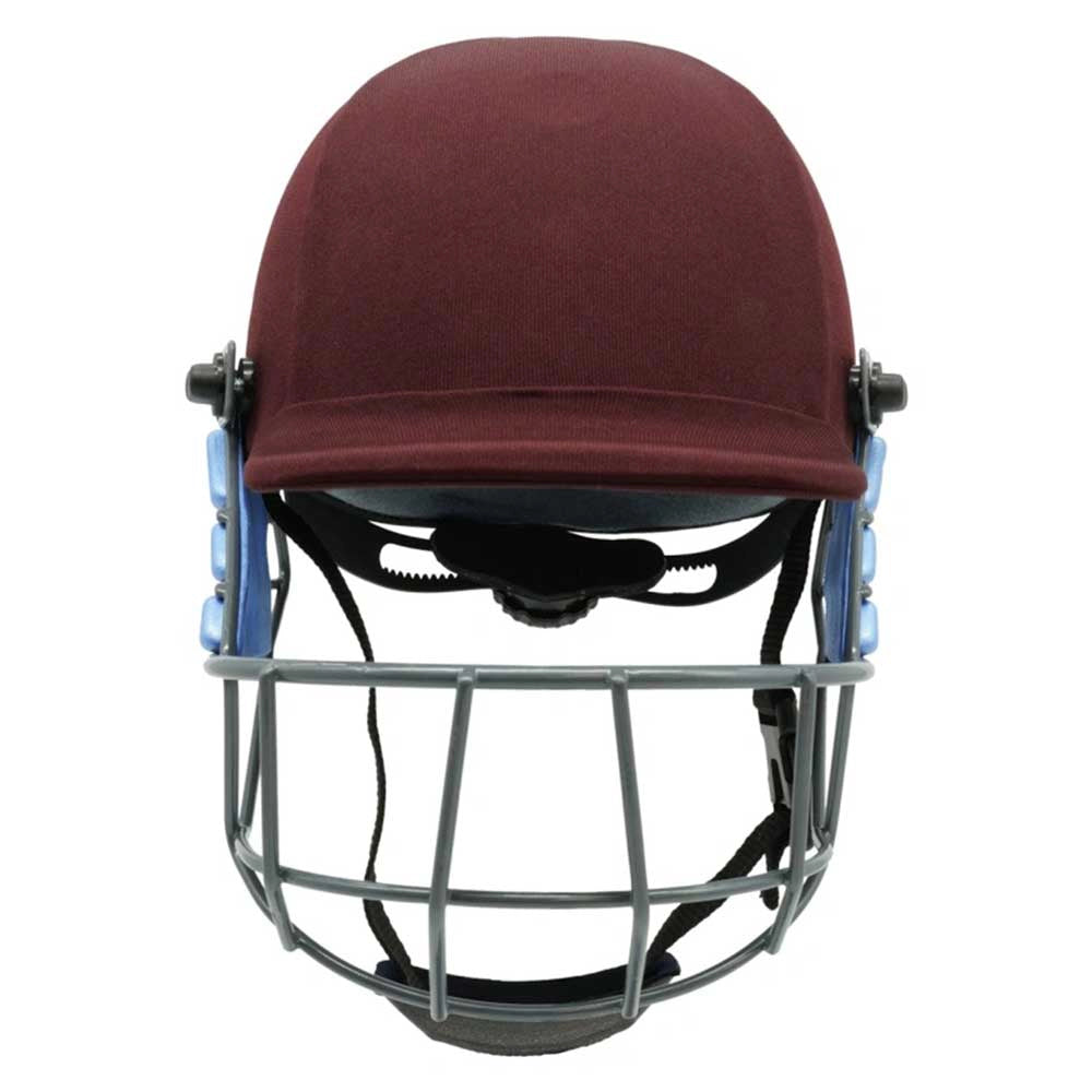 front view of Forma Cricket Helmet - Pro SRS - Steel Grill in maroon