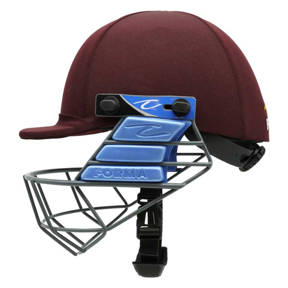 side view of Forma Cricket Helmet - Pro SRS - Steel Grill in maroon