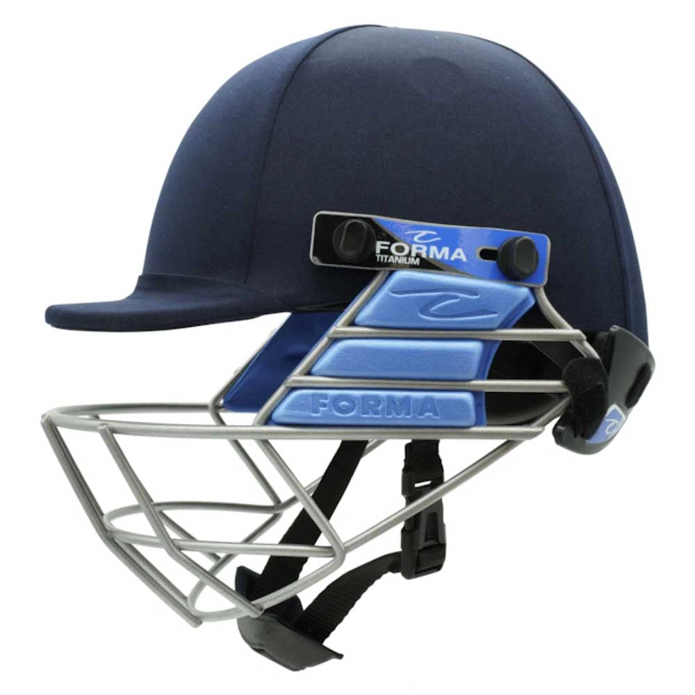 side view of Forma Cricket Helmet - Pro SRS - Steel Grill in navy