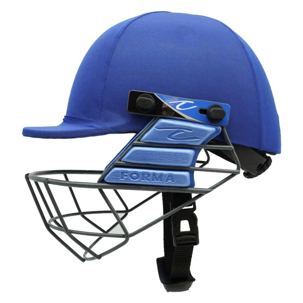 side view of Forma Cricket Helmet - Pro SRS - Steel Grill in royal