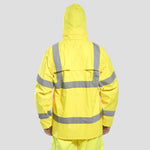 Rear view of model wearing the Portwest Hi-Vis Rain Jacket H440 in Yellow.