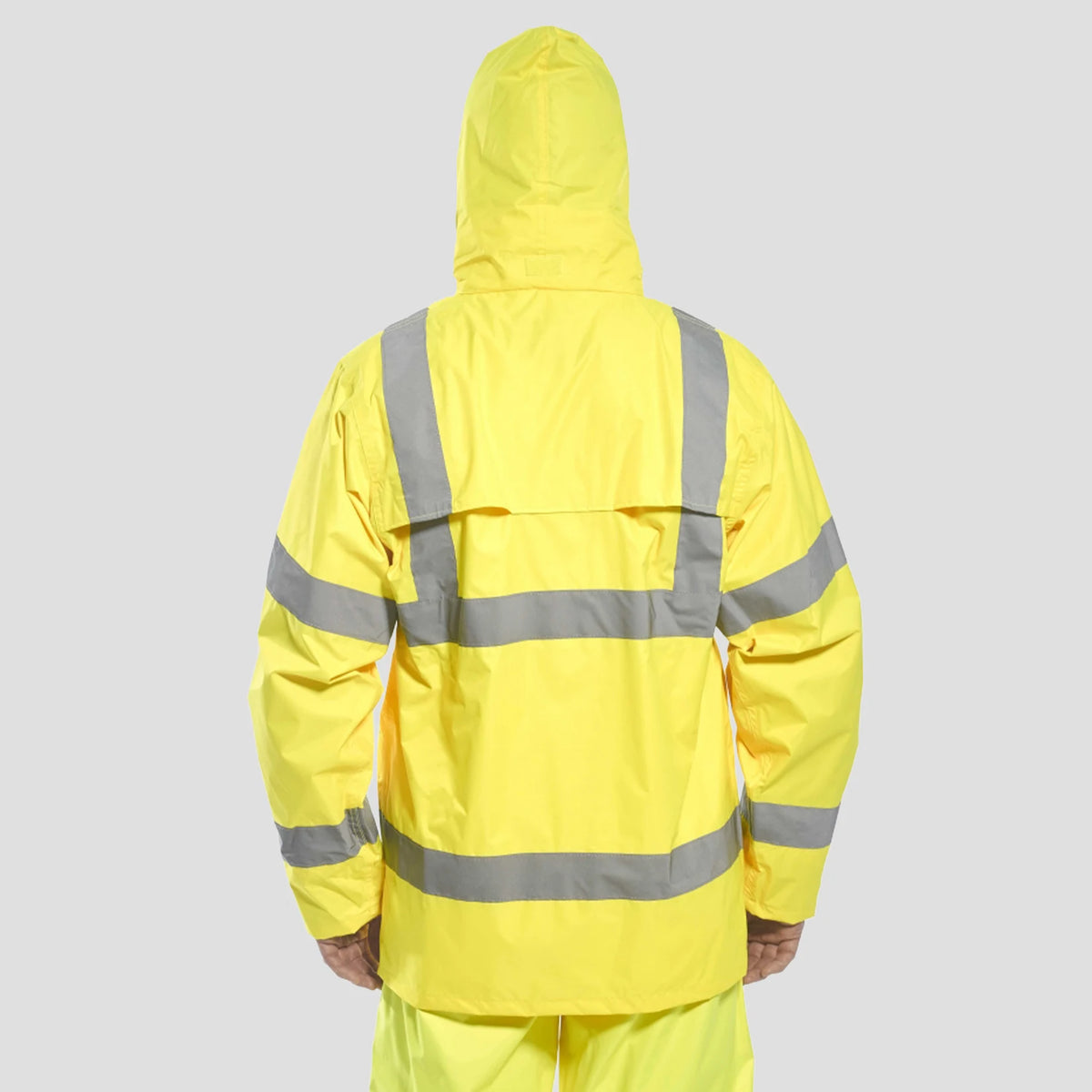 Rear view of model wearing the Portwest Hi-Vis Rain Jacket H440 in Yellow.