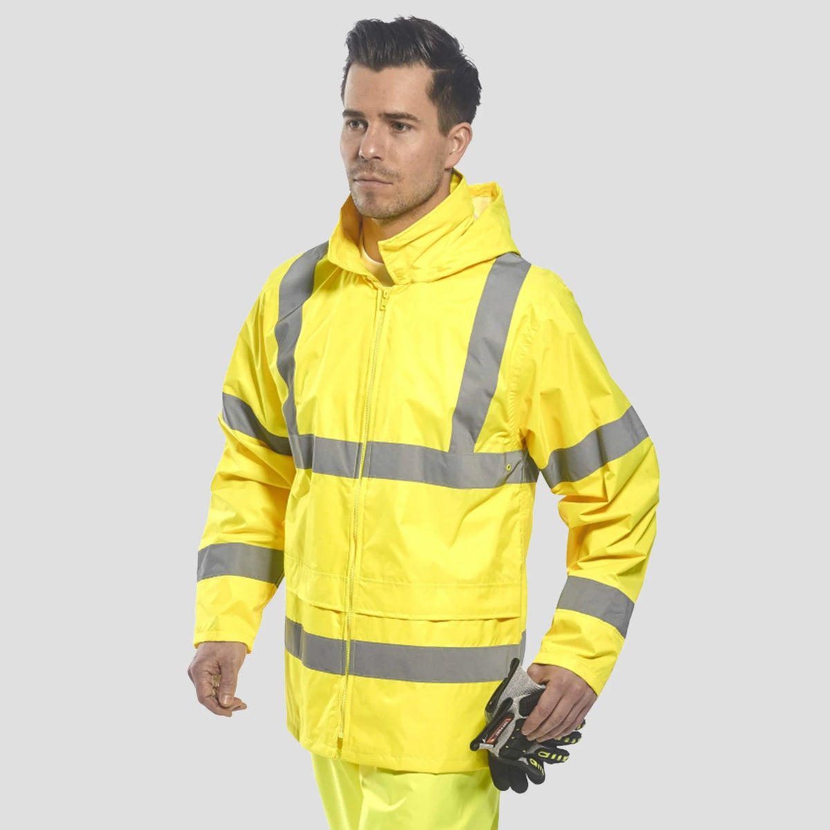 Model wearing the Portwest Hi-Vis Rain Jacket H440 in Yellow.