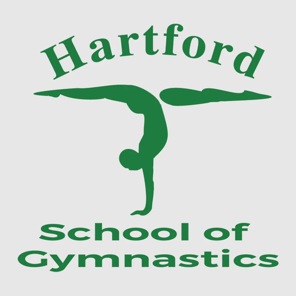Hartford School of Gymnastics logo, green design featuring a gymnast performing a handstand with text above and below, representing the official branding for Hartford School of Gymnastics based at Cosgrove Business Park in Northwich.