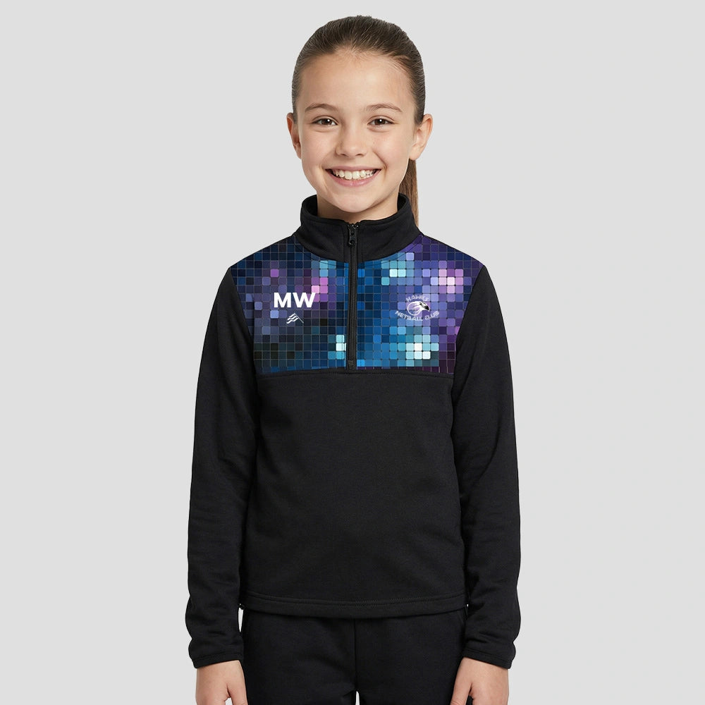 Model wearing the Hawks Netball Club 1/4 Zip Top – Junior