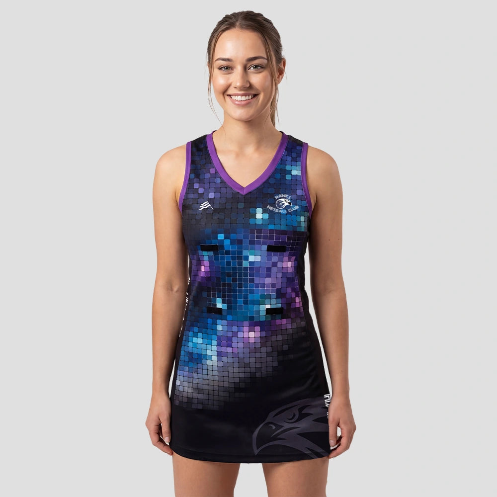 Model wearing the Hawks Netball Dress – Adult