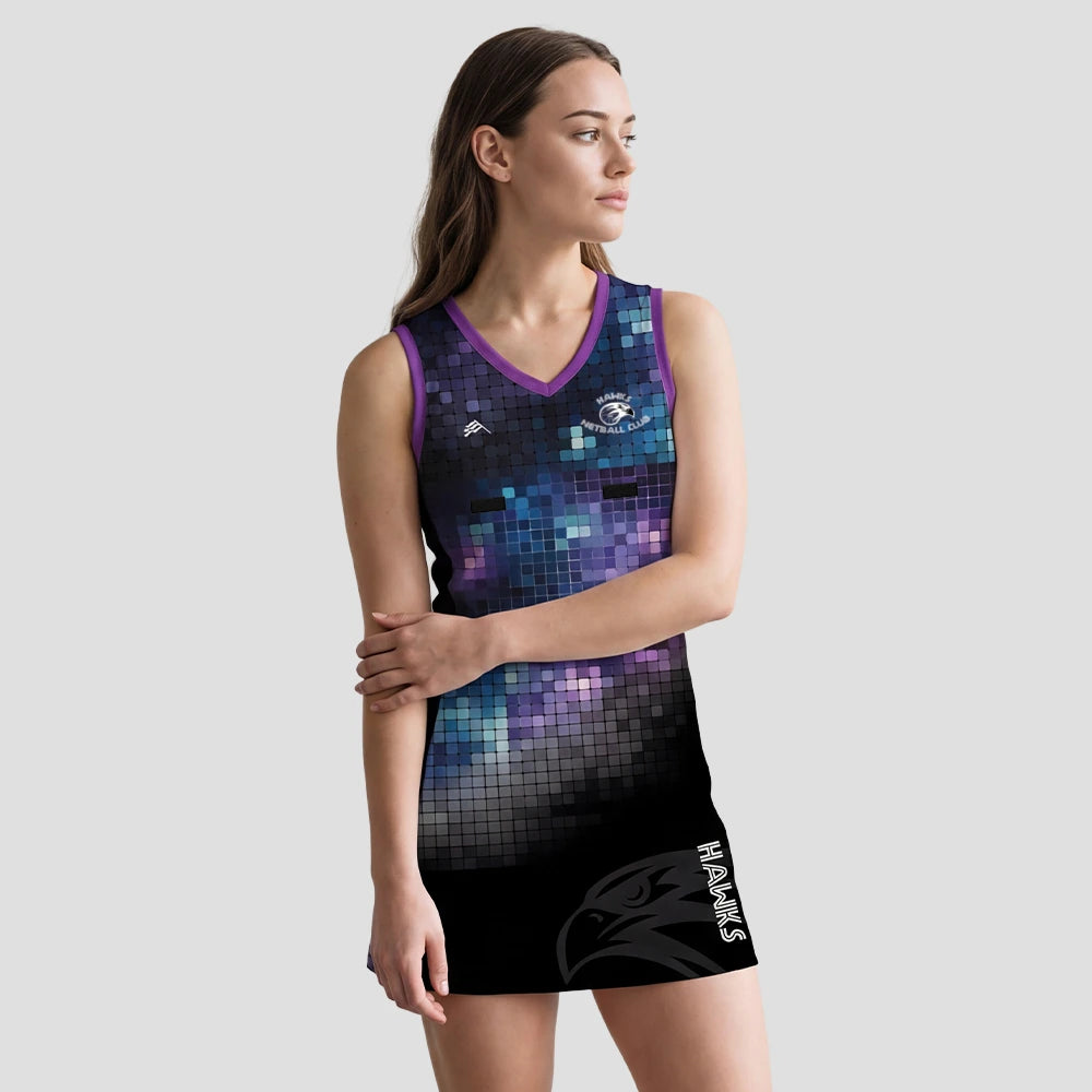 Model wearing the Hawks Netball Dress – Adult