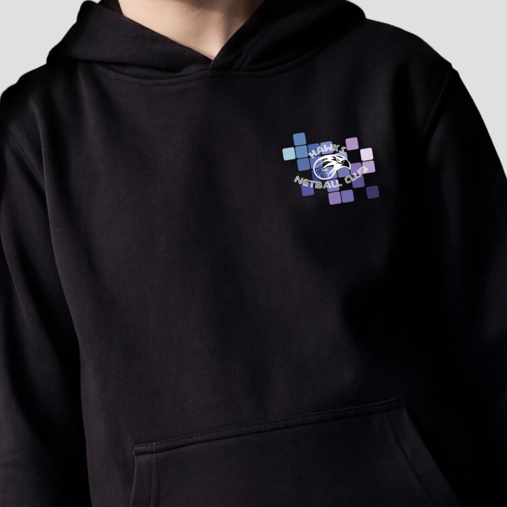 Close-up of model wearing the Junior Hawks Netball Club Hoodie
