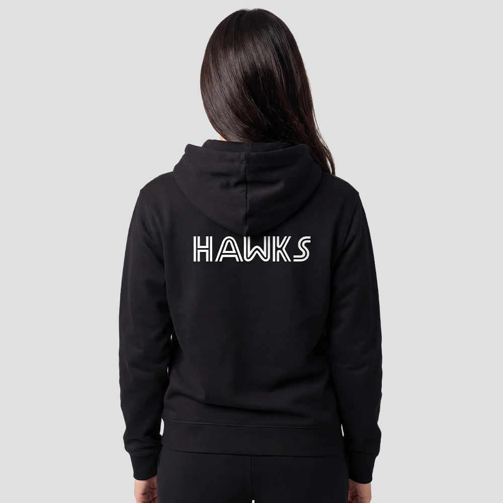 Model wearing the Hawks Netball Club Hoodie for Adults