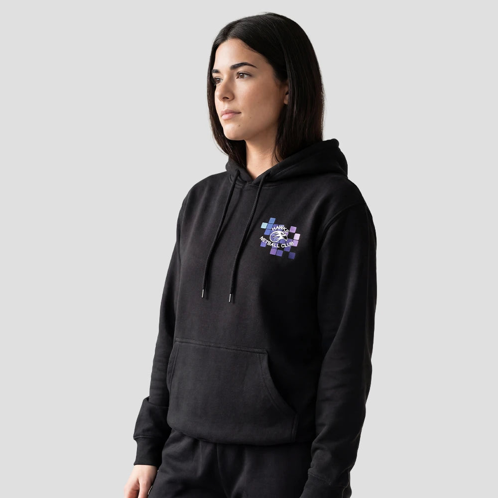 Model wearing the Hawks Netball Club Hoodie – Adults