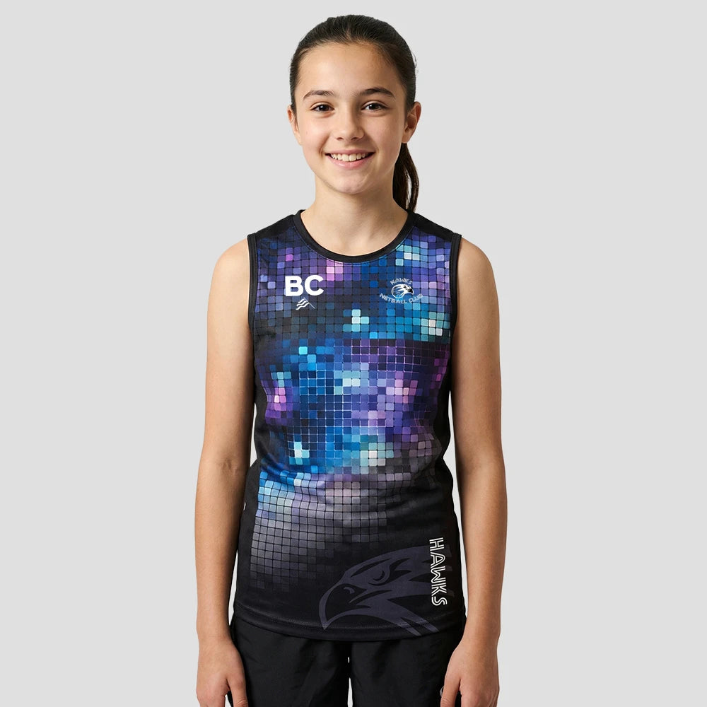Model wearing the Hawks Netball Club Vest – Junior