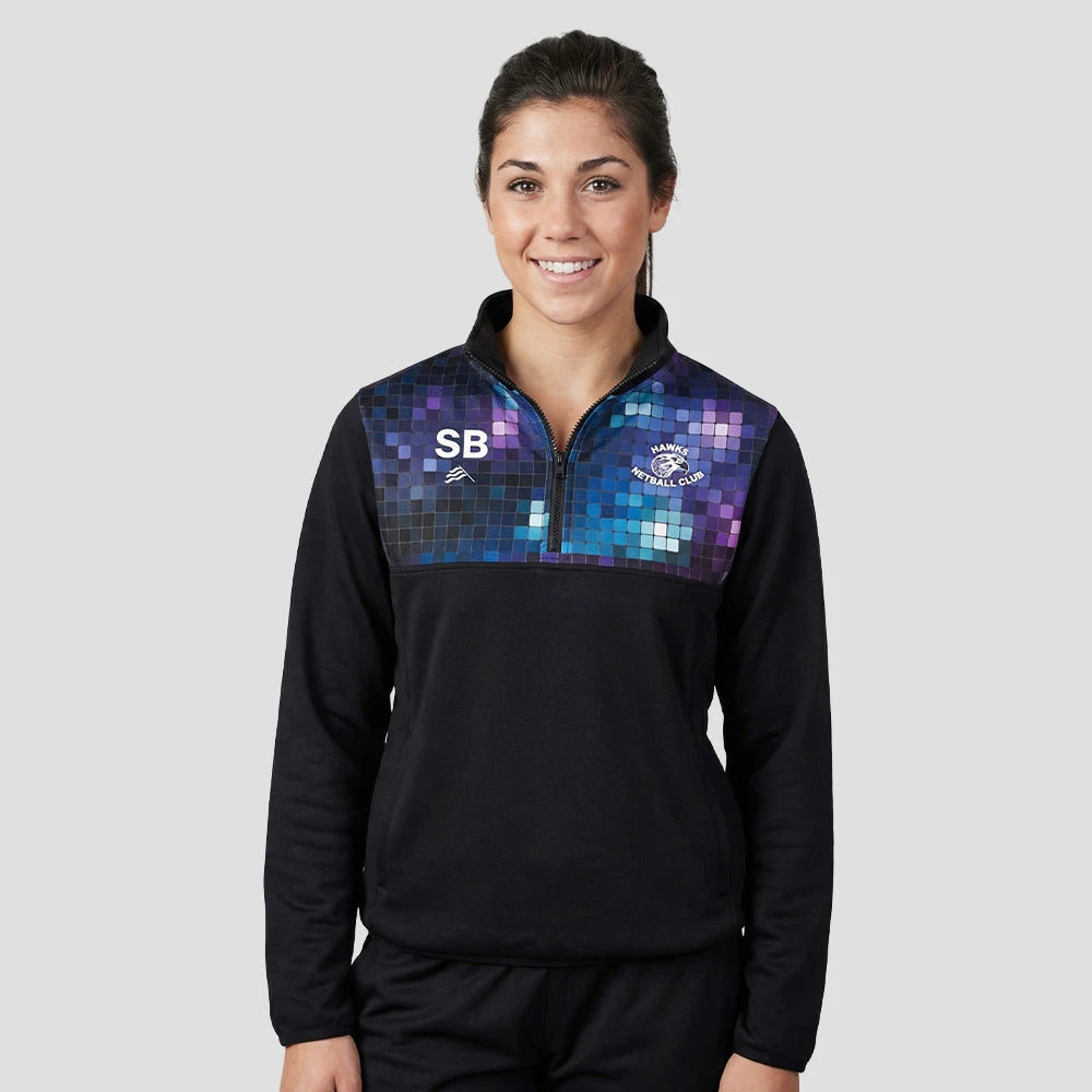 Model wearing the Hawks Netball Club 1/4 Zip Top – Adult