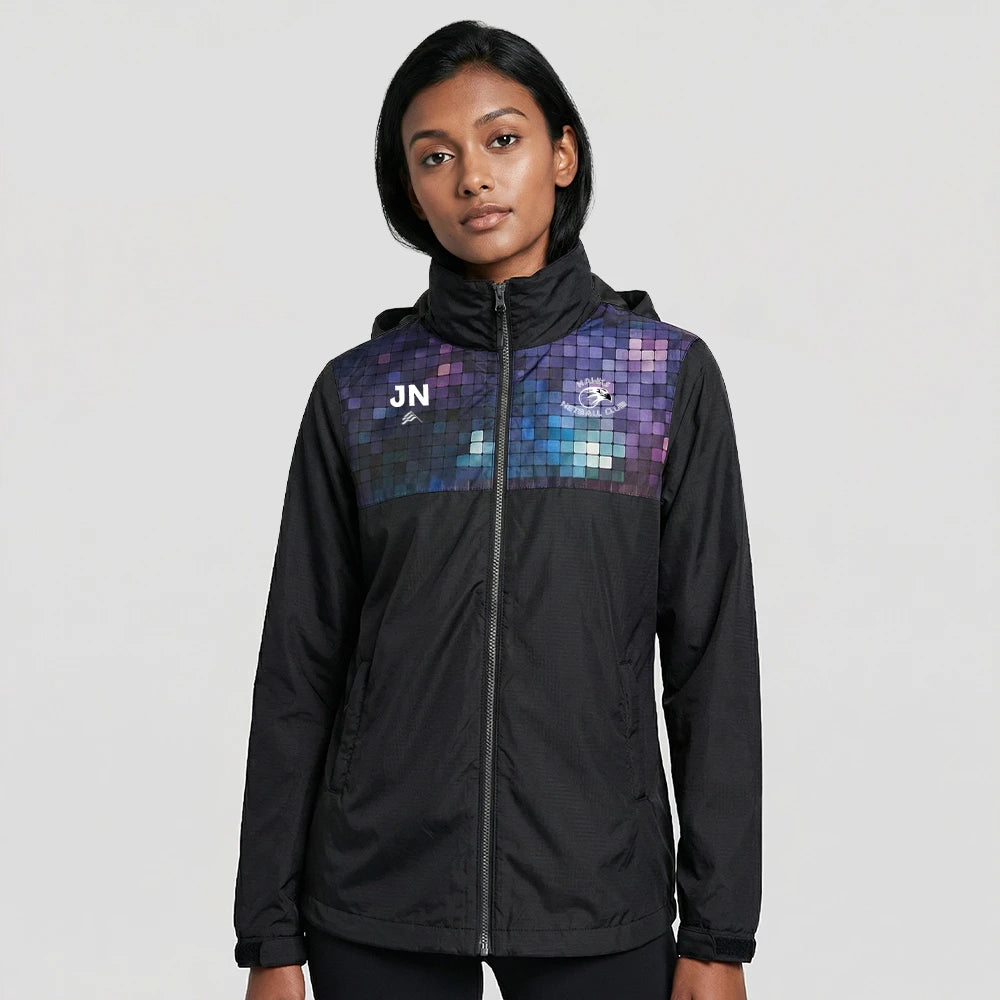 Model wearing the Hawks Netball Club Rain Jacket – Adult