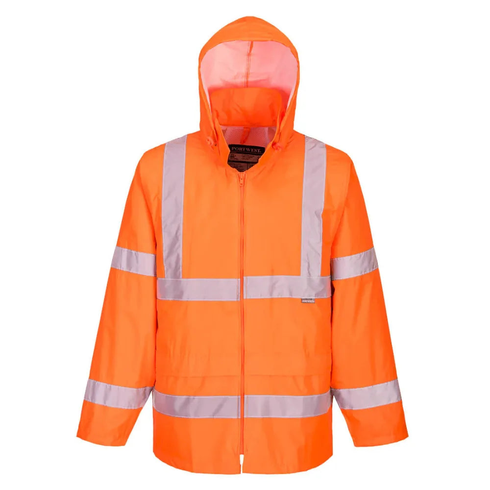 Orange Portwest Hi Vis Rain Jacket with a hood, featuring reflective stripes and a front zipper.
