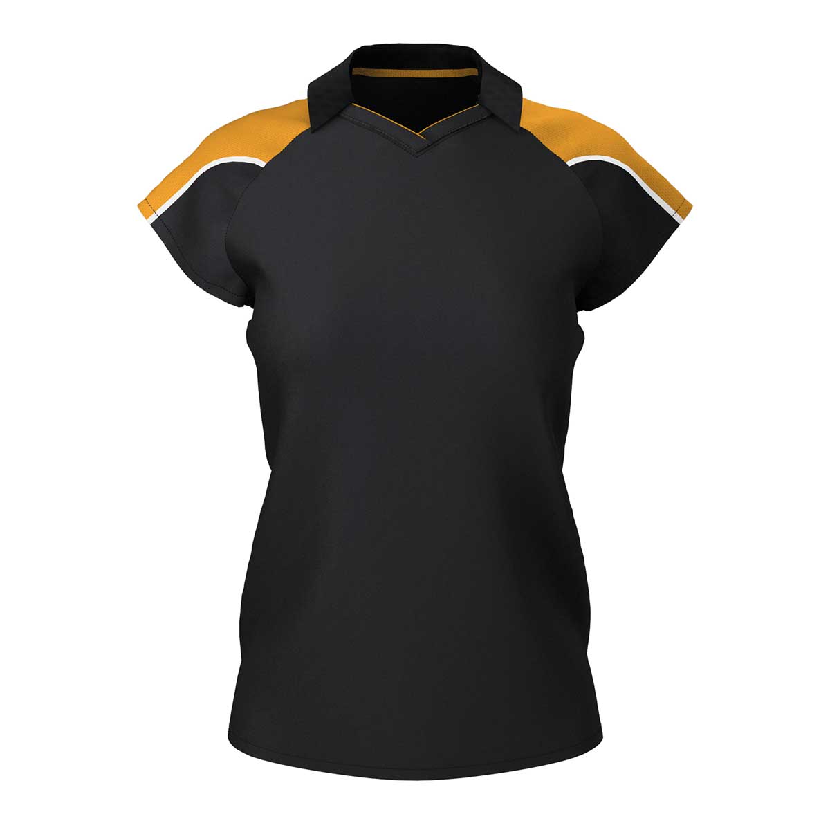 front view of iGen Female Sports Polo Black/Amber