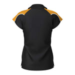 back view of iGen Female Sports Polo Black/Amber