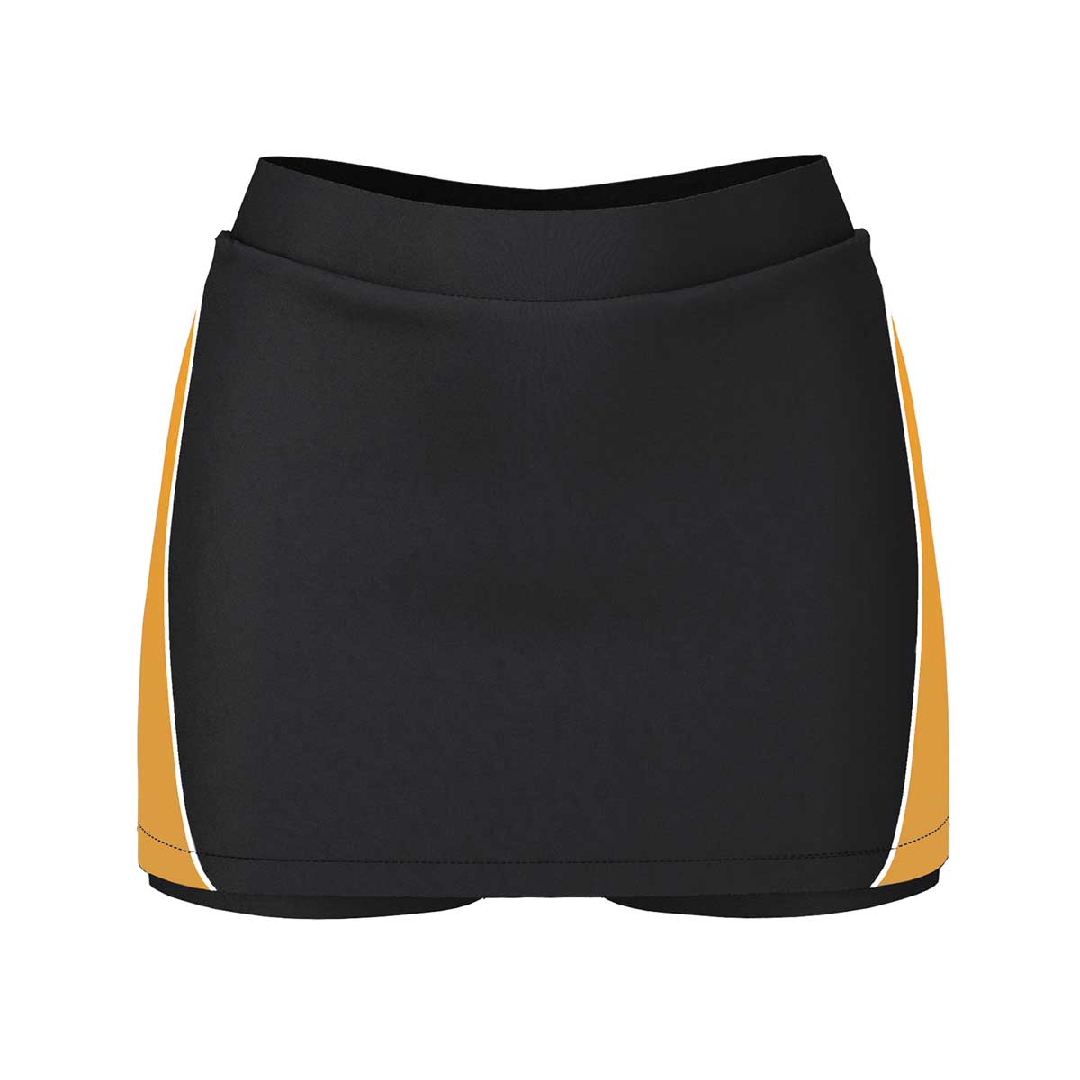 Black skort with yellow accents on a white background