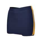 Navy blue skort with a yellow stripe on a white background