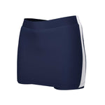 Navy blue skort with a white stripe on a white background