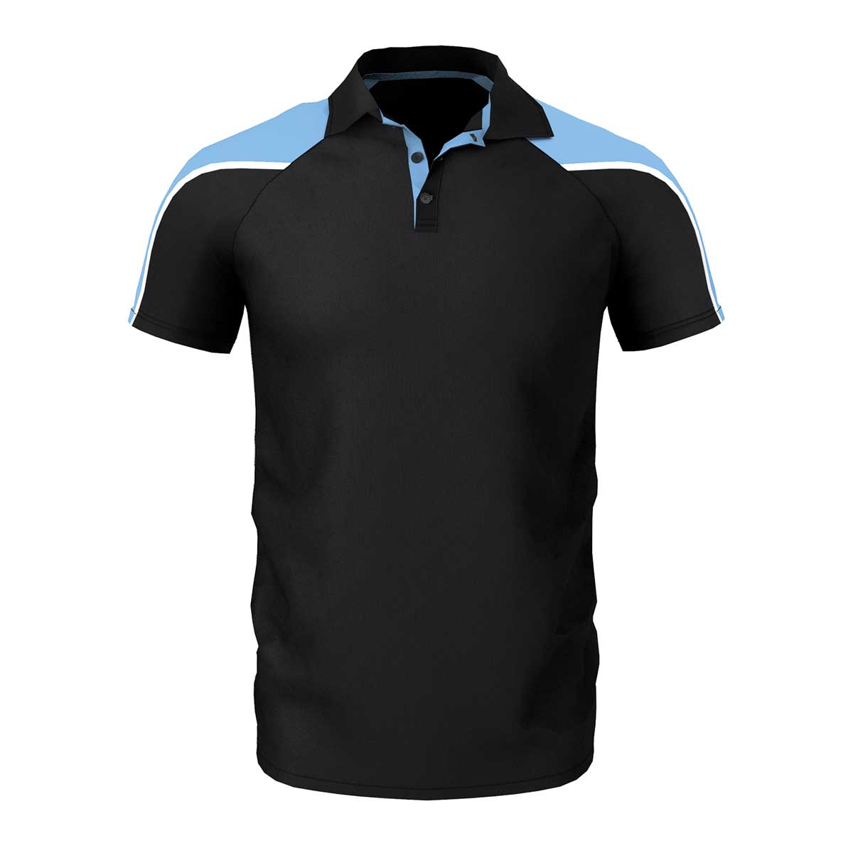 front view of iGen Unisex Sports Polo Black/Sky