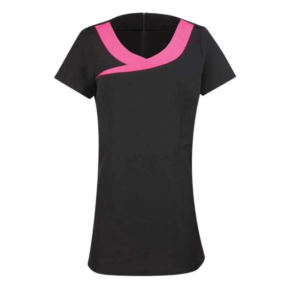 Black top with pink neckline on a white background
