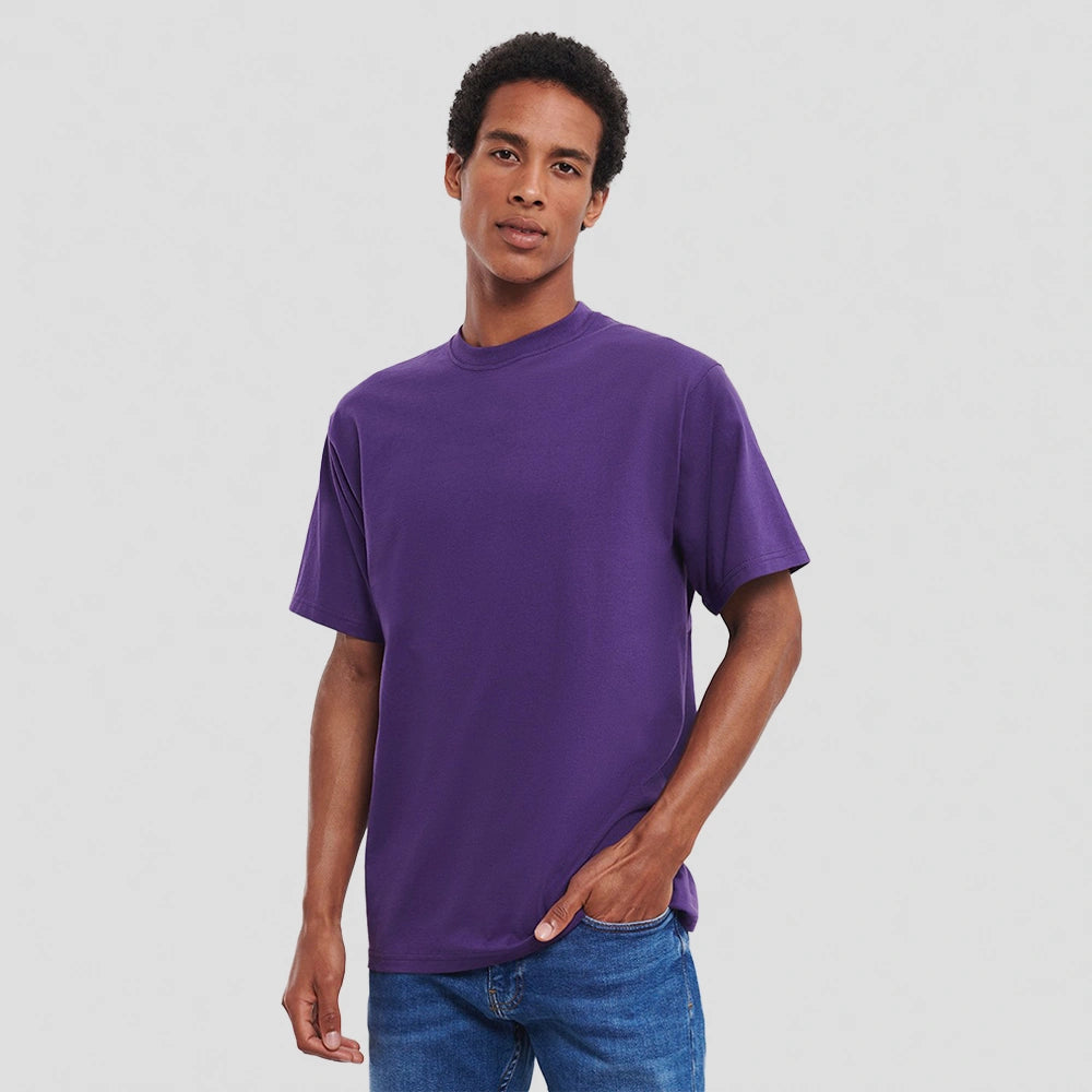 model wearing Russell Classic Ringspun T-Shirt (Colours) in purple